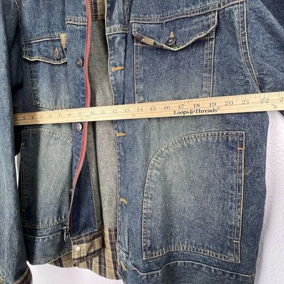 Plugg Vintage Denim Jean Jacket Plaid Lining goth men pockets Made in Russia XL